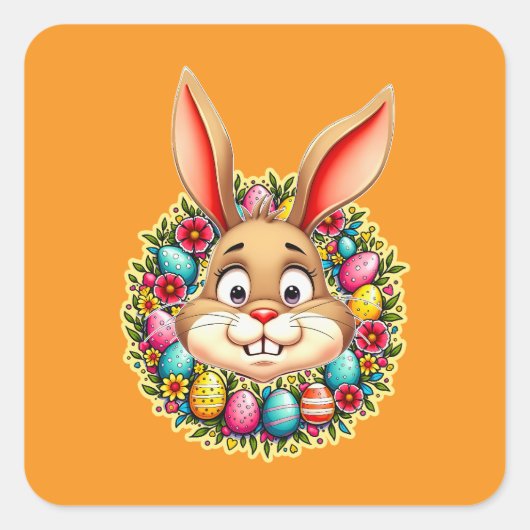 Cute Easter Bunny – Spring Flowers Autocolante Quadratischer Aufkleber (Vorderseite)