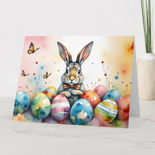 Cute Easter Bunny with Colorful Painted Eggs Dankeskarte (Vorderseite)