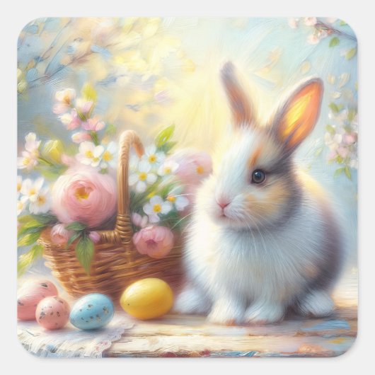 Cute Easter Bunny with Eggs - Pastel Spring Rabbit Quadratischer Aufkleber (Vorderseite)