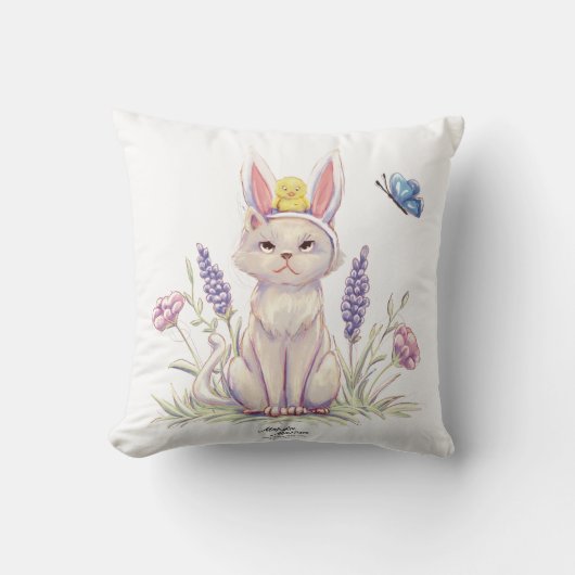 Cute Easter Cat with Chick Illustration pillow Kissen (Vorderseite)