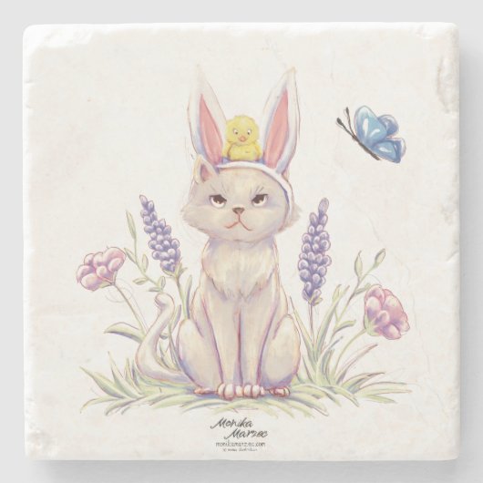 Cute Easter Cat with Chick Illustration Steinuntersetzer (Vorderseite)
