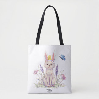 Cute Easter Cat with Chick Illustration Tote Bag Tasche