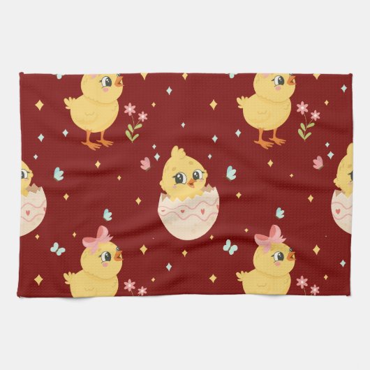 Cute Easter Chick with Pink Bow Seamless Pattern  Geschirrtuch (Horizontal)
