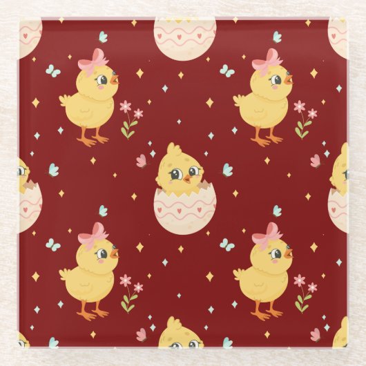 Cute Easter Chick with Pink Bow Seamless Pattern  Glasuntersetzer (Vorderseite)