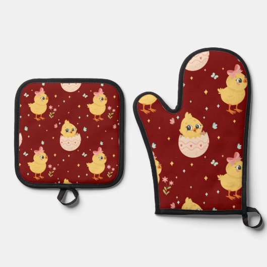 Cute Easter Chick with Pink Bow Seamless Pattern  Ofenhandschuh & Topflappen-Set (Vorderseite)