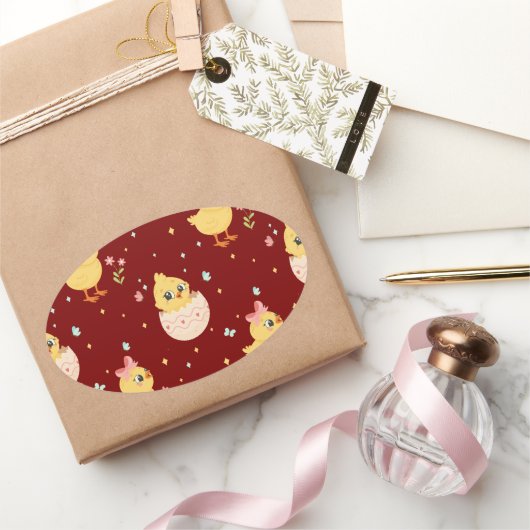 Cute Easter Chick with Pink Bow Seamless Pattern  Ovaler Aufkleber (Schenken)
