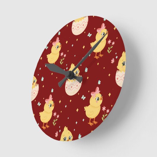 Cute Easter Chick with Pink Bow Seamless Pattern  Runde Wanduhr (Winkel)