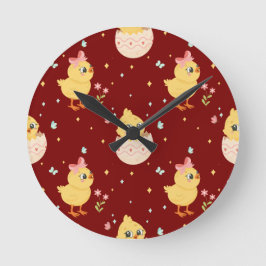 Cute Easter Chick with Pink Bow Seamless Pattern  Runde Wanduhr