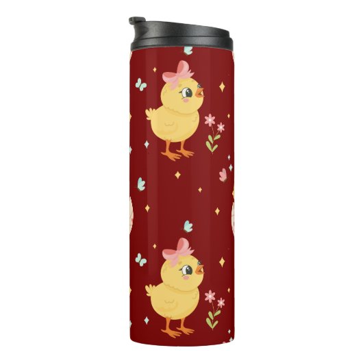 Cute Easter Chick with Pink Bow Seamless Pattern  Thermosbecher (Nach rechts gedreht)