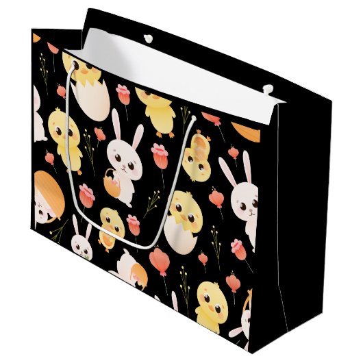 Cute Easter Chicks & Bunnies Seamless Pattern  Große Geschenktüte (Vorderseite Schrägansicht)