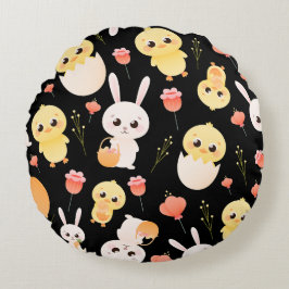 Cute Easter Chicks & Bunnies Seamless Pattern  Rundes Kissen