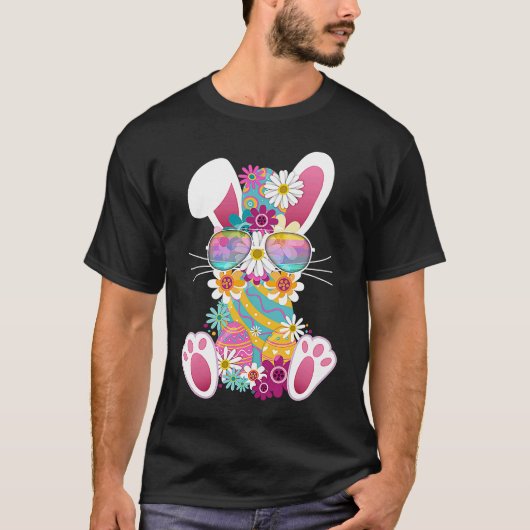 Cute Easter Rabbit Dye Eggs Daises & Sunglasses T-Shirt (Vorderseite)