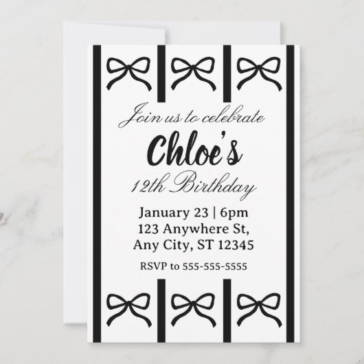 Cute editable bow birthday invite einladung (Vorderseite)