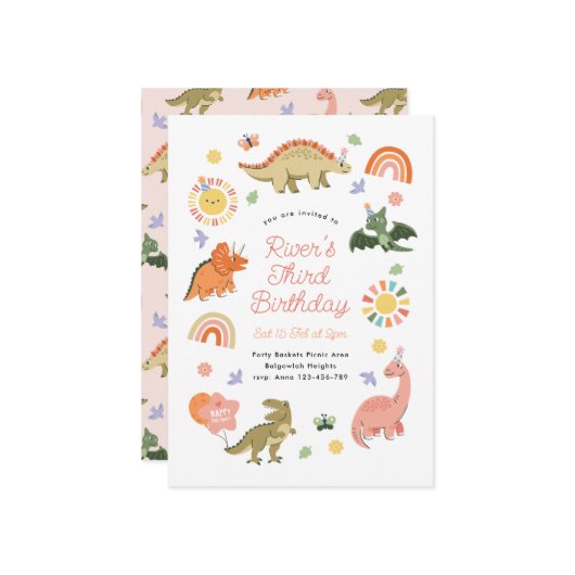 Cute Editable Dinosaur Birthday Party, Dino Party Einladung (Vorderseite/Rückseite Beispiel)