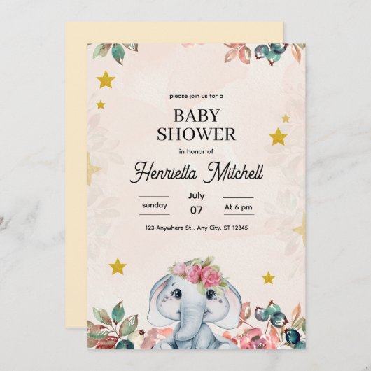 Cute Elephant Baby Shower Invite, Girl Baby Shower Einladung (Vorne/Hinten)