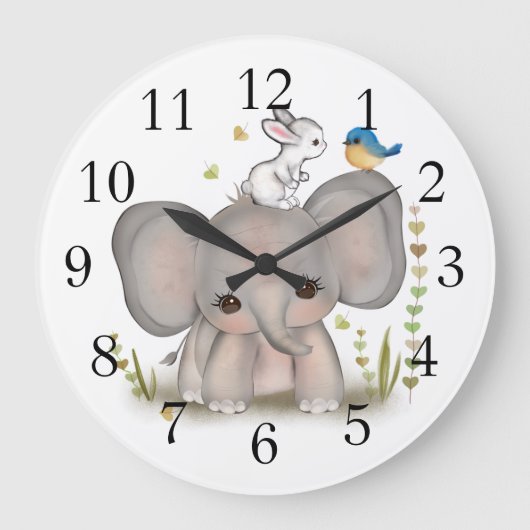 Cute Elephant Bunny Nursery Wall Clock Große Wanduhr (Vorderseite)