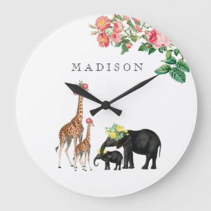 Cute Elephant & Giraffe Floral Custom Baby Name  Große Wanduhr