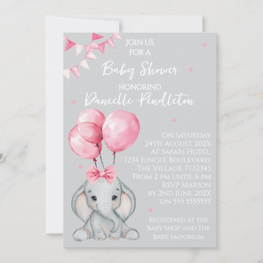 Cute Elephant, Girl Baby Shower Invitation Einladung (Vorderseite)
