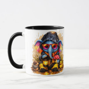 Cute Elephant in Raincoat with Lantern Cartoon Cof Tasse