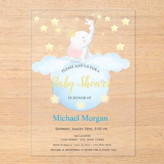 Cute Elephant Moon Stars Acrylic Invitation Acryleinladungen (Vorderseite)