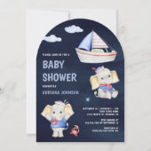 Cute Elephant Nautical Boat Navy Blue Baby Shower Einladung (Vorderseite)