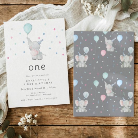 Cute Elephant One 1st Birthday Party Einladung