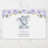 Cute Elephant, Purple Flowers, First Birthday Schaumweinetikett (Einzelnes Label)