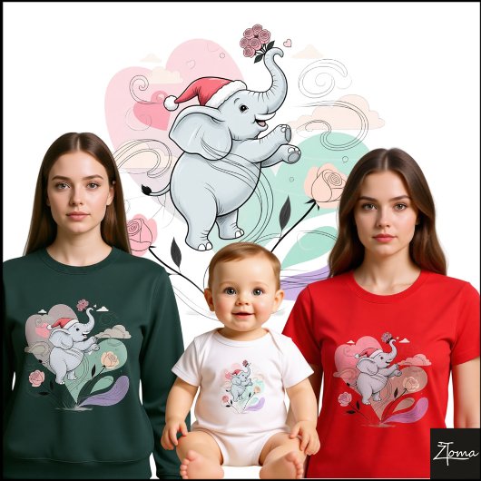 Cute Elephant Santa Hat Rose Pastel T-Shirt