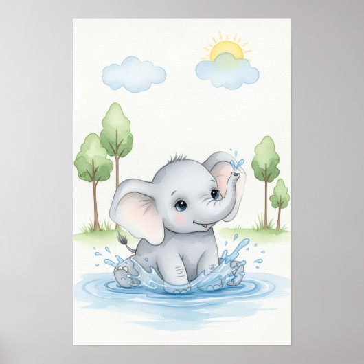 Cute Elephant Splashing in Water Poster (Vorne)