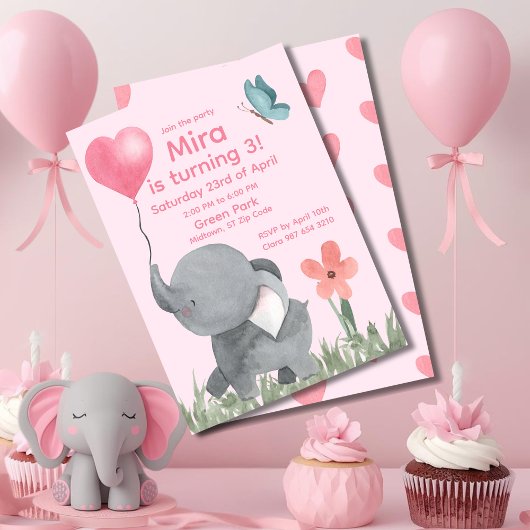 Cute Elephant with Ballon Birthday Party  Einladung