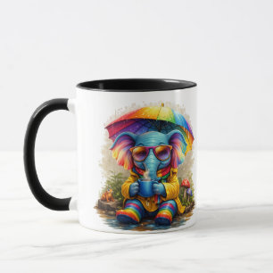 Cute Elephant with Rainbow Umbrella Coffee Mug Tasse