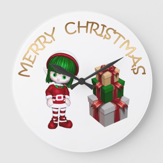 Cute Elf Christmas Große Wanduhr (Vorderseite)