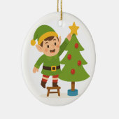 Cute Elf Decorating Tree Personalized Family Name Keramik Ornament (Rechts)