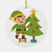 Cute Elf Decorating Tree Personalized Family Name Keramik Ornament (Vorne)