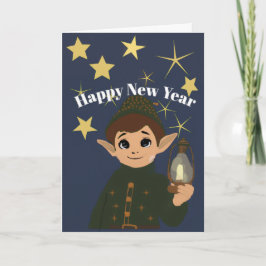 Cute Elf Watcher Starry Night Happy New Year Foldi Karte
