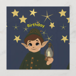 Cute Elf Watcher Starry Night Kids Birthday Party Einladung