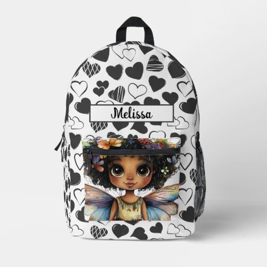 Cute Fairy Black Girl Hearts Customizable Name  Bedruckter Rucksack (Vorderseite)
