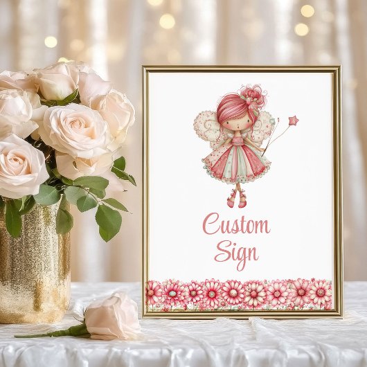 Cute Fairy Girl Blush Floral Birthday Custom Sign Poster