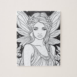 Cute Fairy in Forest Black & White Coloring Puzzle
