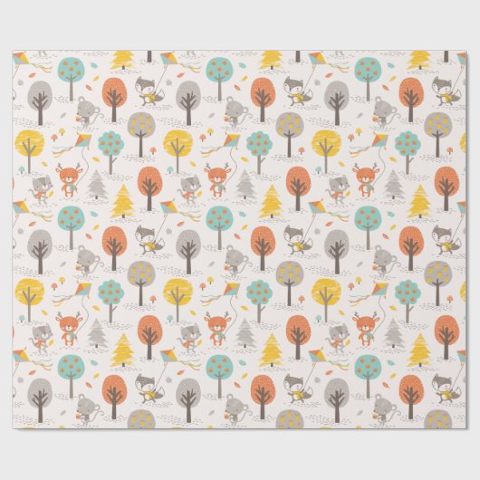 Cute Fall Forest animals with kites and trees Geschenkpapier (Flach)