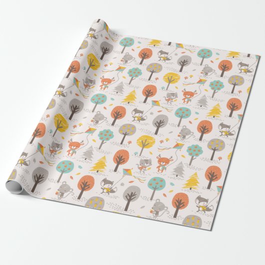 Cute Fall Forest animals with kites and trees Geschenkpapier (Ungerollt)
