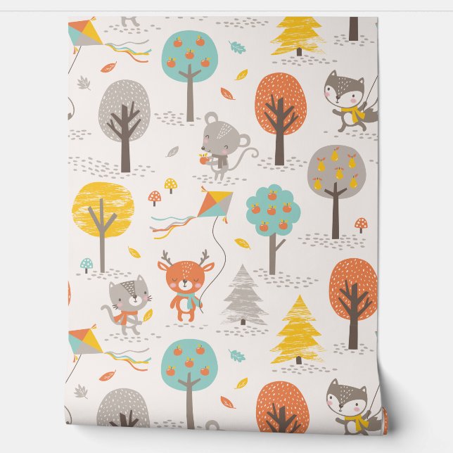 Cute Fall Forest animals with kites and trees Tapete (Abrollen)