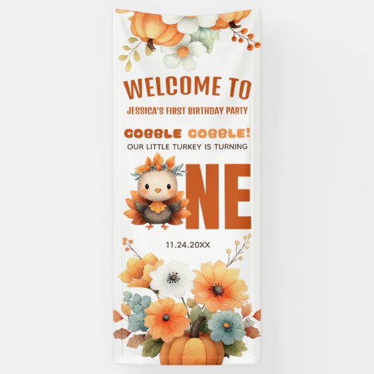 Cute Fall Turkey Thanksgiving 1st Birthday Welcome Banner (Vertikal)