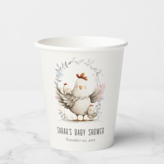 Cute Farm Mum and Baby Chick Floral Baby Shower Pappbecher (Vorderseite)