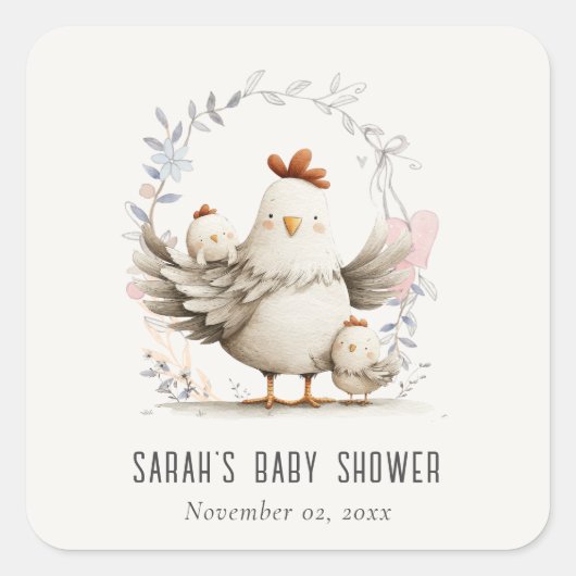 Cute Farm Mum and Baby Chick Floral Baby Shower Quadratischer Aufkleber (Vorderseite)