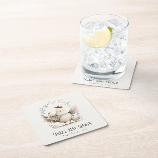 Cute Farm Mum and Baby Chick Floral Baby Shower Rechteckiger Pappuntersetzer (Vor Ort)