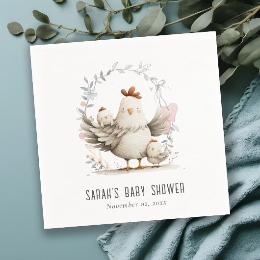 Cute Farm Mum and Baby Chick Floral Baby Shower Serviette