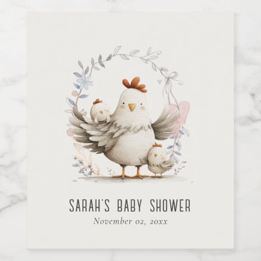 Cute Farm Mum and Baby Chick Floral Baby Shower Weinetikett (Einzelnes Label)