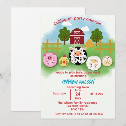 Cute Farm Party Animals Balls Birthday Invitation Einladung (Vorne/Hinten)