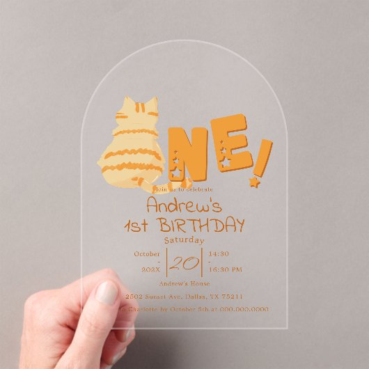 Cute Fat Orange Cat 1st Birthday Acryleinladungen (Insitu (Handheld))